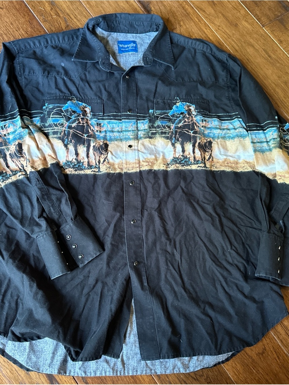Vtg Wrangler Mens XXL 2XL Rodeo Horse Black Pearl Snap Western Y2K calf roping